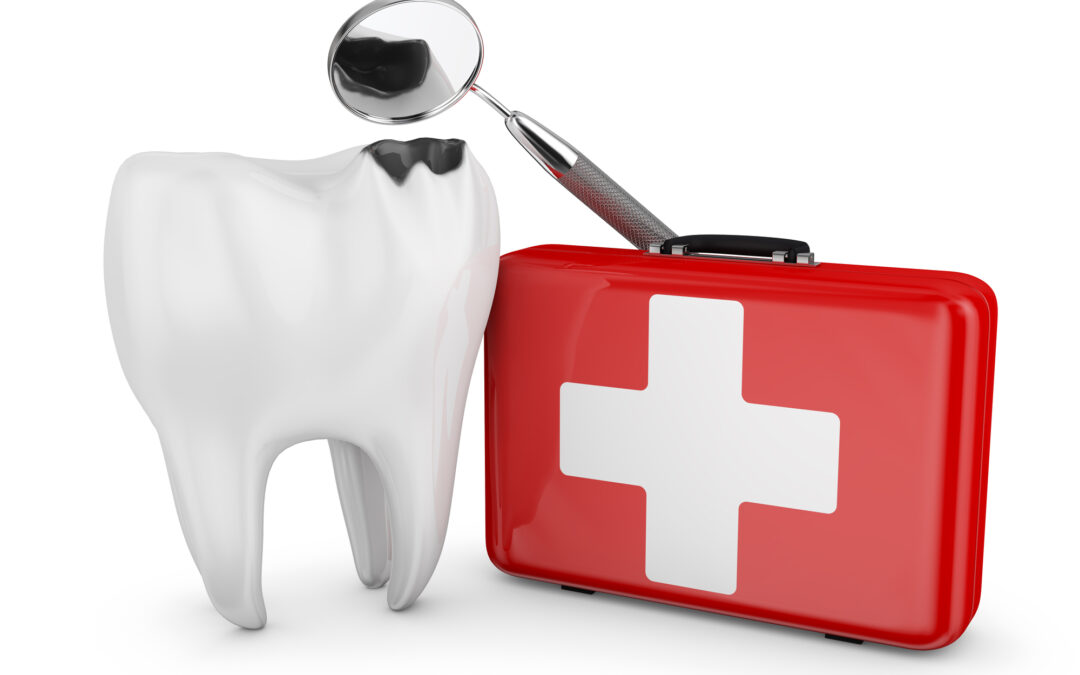 tooth, emergency dentistry kit, and dental mirror on white background