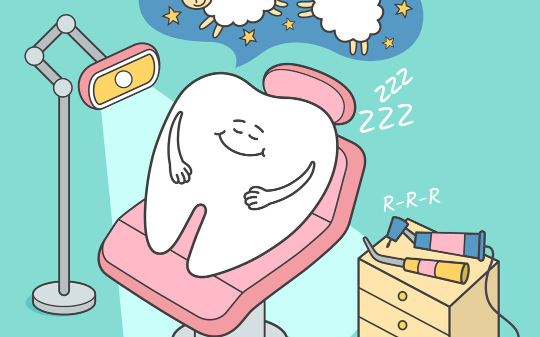 Stomatology sedation illustration. Cartoon tooth falls asleep in a dental chair. General Anesthesia. Dental care or treatment.