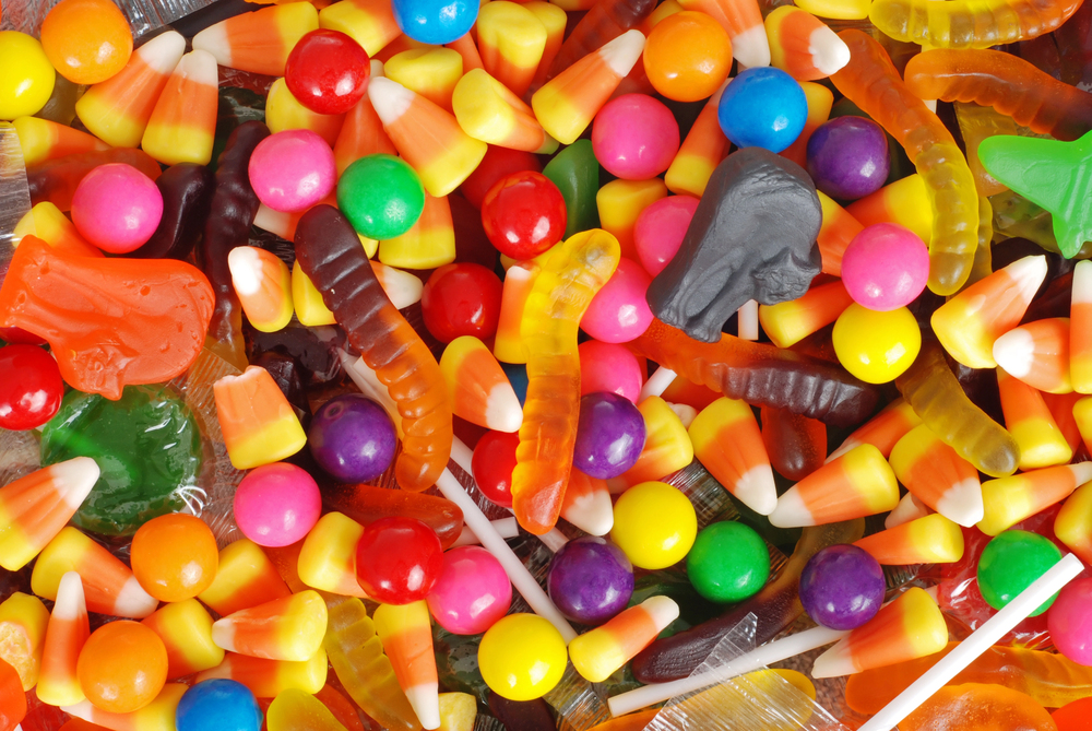 close up of a mixture of different Halloween candy