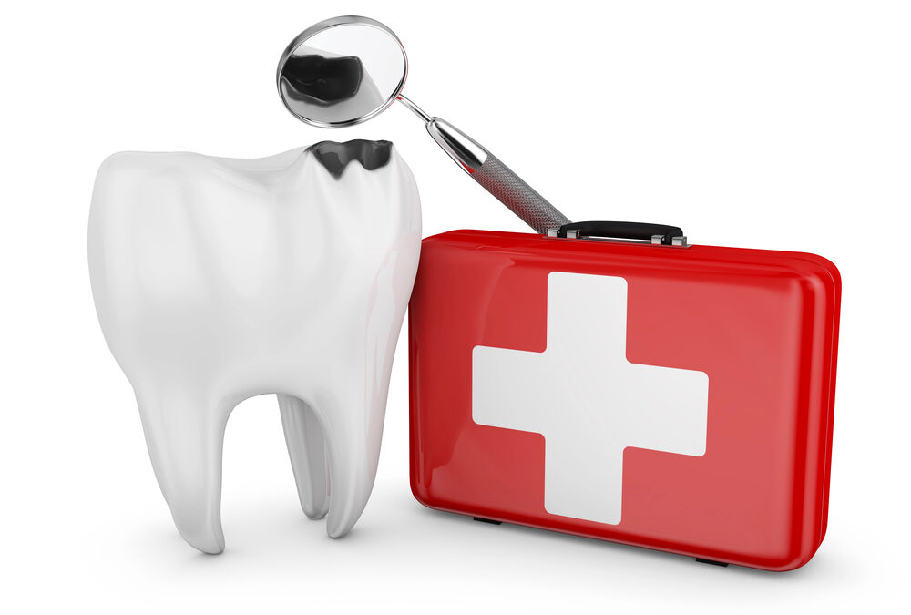 tooth, dental mirror, and emergency first aid kit
