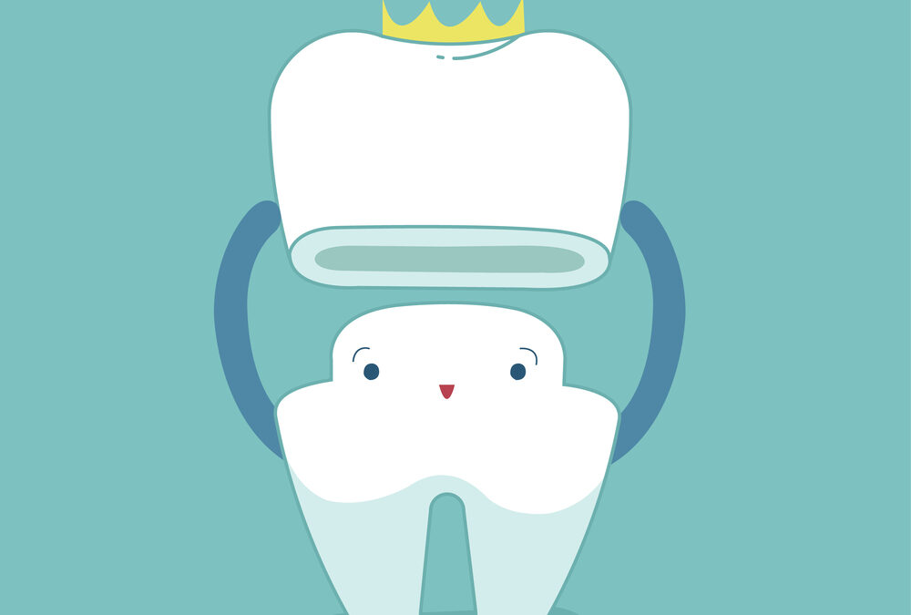 Dental crown, tooth put in crown, dental cartoon concept.