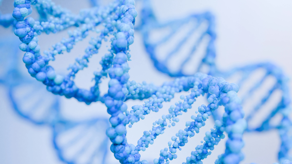 DNA on blue background. Hologram blue glowing rotating DNA double helix. Science and medicine concepts. 3d render