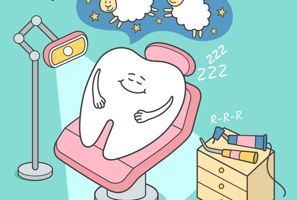 Stomatology sedation illustration. Cartoon tooth falls asleep in a dental chair. General Anesthesia. Dental care or treatment.