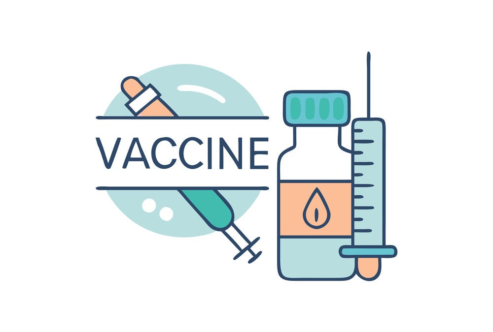 Illustration of a vaccine concept with a syringe, a vial, and the word VACCINE.